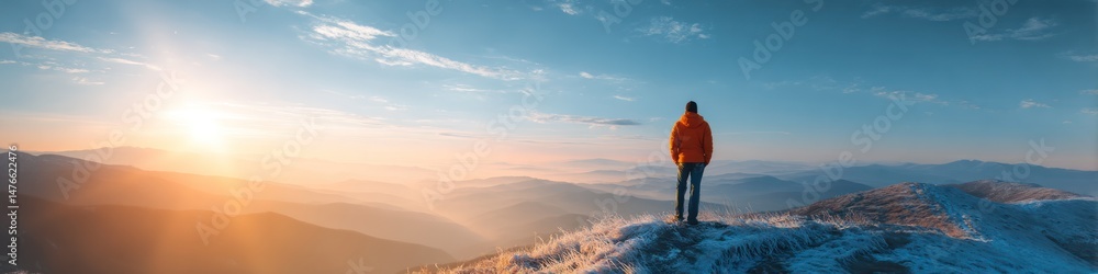 Fototapeta premium Majestic Sunrise Over Snowy Mountains with Person in Orange Jacket Admiring Scenic View