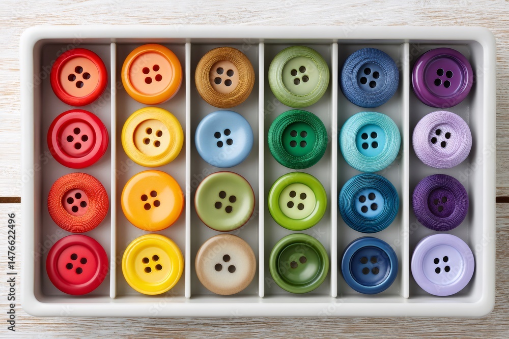 Fototapeta premium Colorful sewing buttons and thread spools forming a gradient in organizer tray