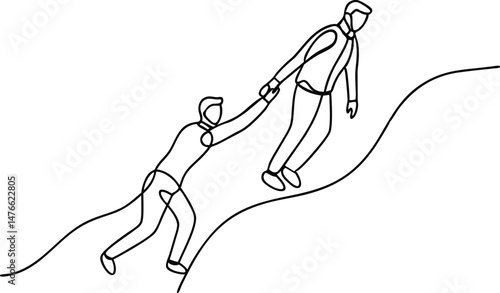 Single continuous one line drawing of a happy businessman helping his colleague rise from failure, minimalist teamwork and support vector illustration

