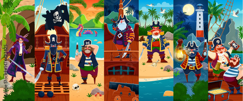 Cartoon pirate and corsair characters collage. Boatswain and skipper, sailor and captain personages on pirate ship and treasure island vector background. Cute corsairs wearing black hats and bandana