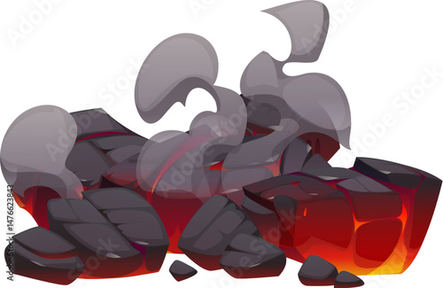Fire flames on coal, fireplace charcoal, burn ember coal pieces and ash. Cartoon vector glow lava rocks with fiery glow, molten cracks, flames flicker between the stones and thick smoke drifts upward