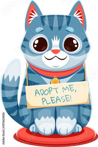 Adopt cat, pets adoption sign, funny kitty kitten with sad muzzle, vector icon. Adopt me please badge with cat kitten with unhappy muzzle face for pets adoption banner or animal shelter poster