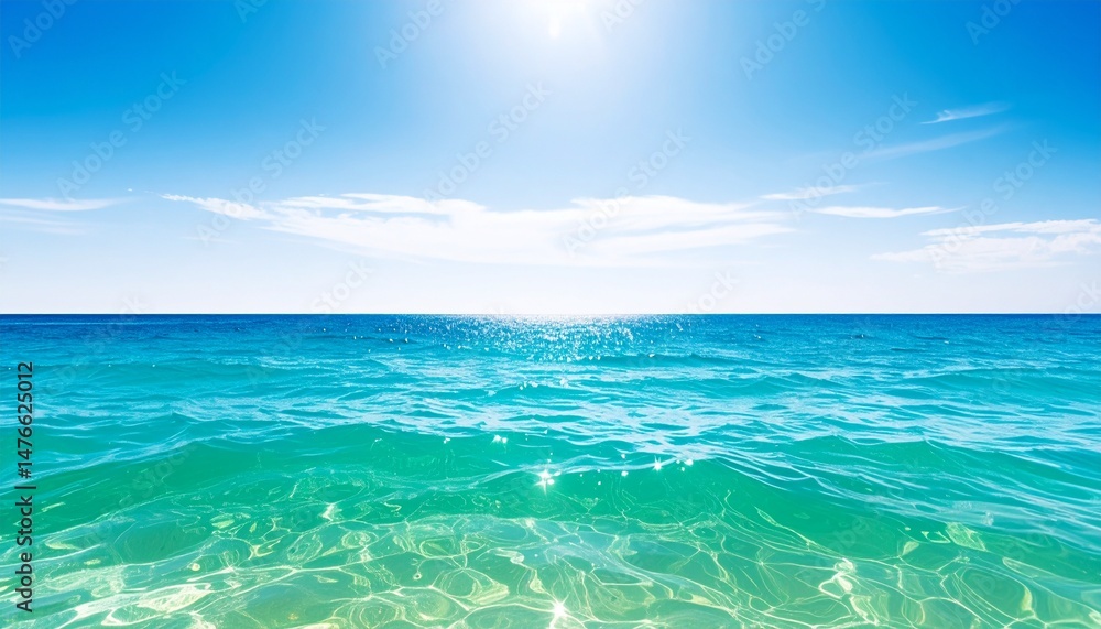 Obraz premium 太陽の光が反射してキラキラ光る夏のエメラルドグリーンの海のイラスト。AIで生成 