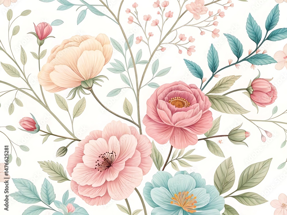 custom made wallpaper toronto digitalElegant Floral Pattern Featuring Light Pink, Peach, and Aqua Flowers and Leaves