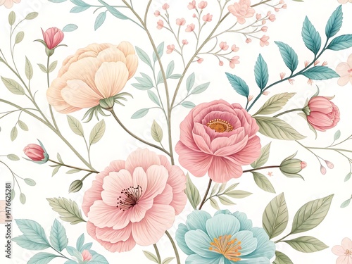 Wallpaper Mural Elegant Floral Pattern Featuring Light Pink, Peach, and Aqua Flowers and Leaves Torontodigital.ca
