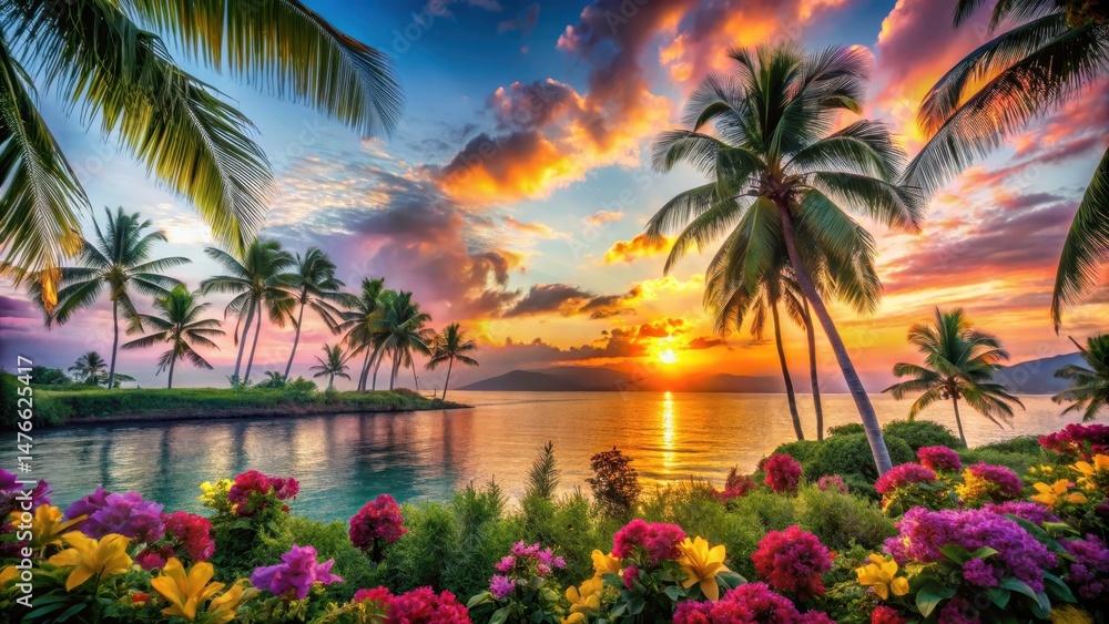 Fototapeta premium A colorful sunset over a tropical island with vibrant flowers and palm trees in the foreground, nature