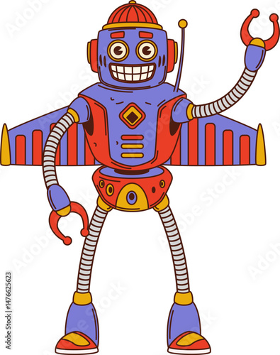 Cartoon groovy robot character with metallic wings, buttons and hippie funky vibe. Vector retro droid with happy comic face, claws and wide smile. Funny mechanical y2k personage with expressive eyes