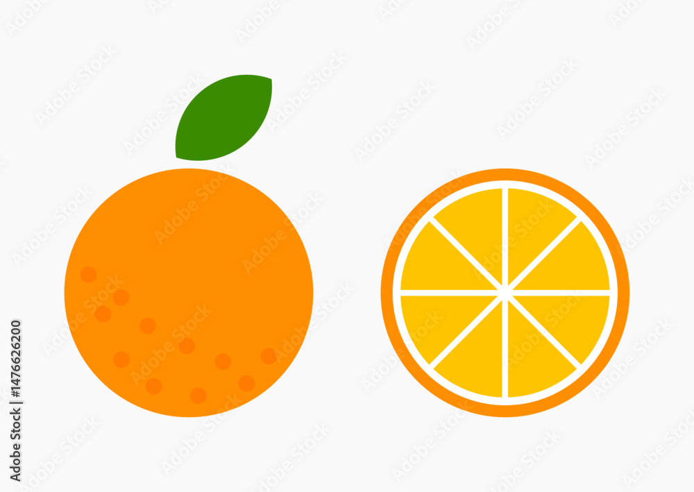 Orange fruit icon. Whole orange with leaf and slice fruit design elements. Vector illustration.