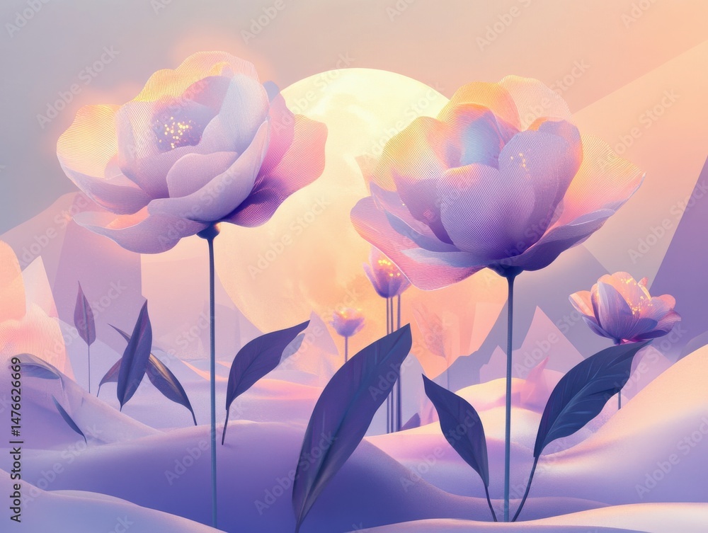 Obraz premium Stylized fantasy roses glowing under a pink sky with large full moon backdrop.