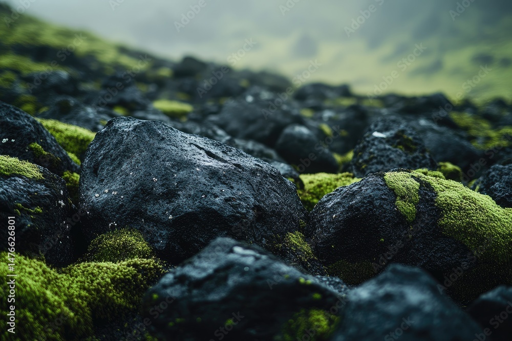Fototapeta premium Dark volcanic rocks covered in vibrant moss