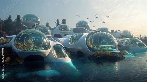 Submarine city structures amidst turquoise water.