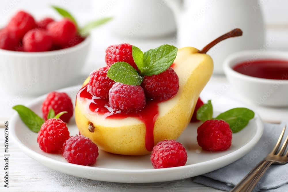Delicious pears with raspberries and mint leaves creating gourmet dessert Delicious pears with raspberries and mint leaves creating gourmet dessert
