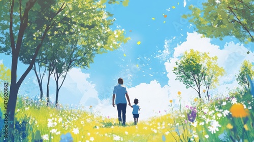 Parent and child walking through a flower-filled meadow under bright blue skies and green trees.