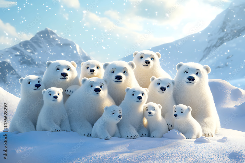 Fototapeta premium A cheerful group of animated polar bears gathered in a snowy landscape under a bright sky