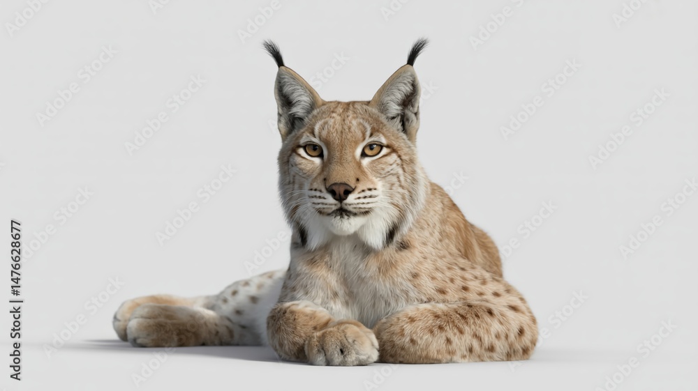 Fototapeta premium Animals in Focus on White Background – Resting Lynx with Calm Gaze