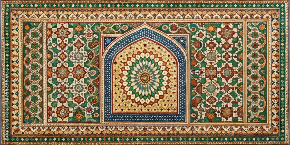 Obraz premium Ancient Islamic prayer mat with intricate geometric patterns and calligraphy, holy scripture illustrations , mosque decor