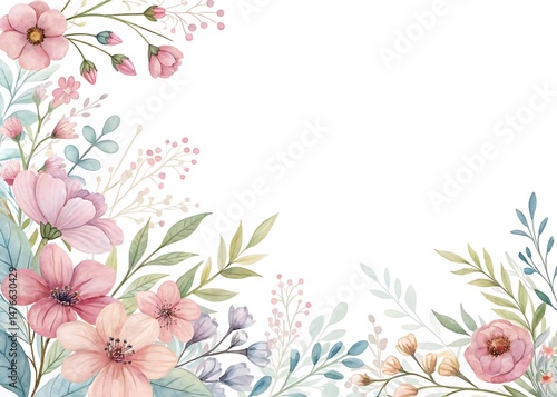 Watercolor floral frame arrangement with pink flowers, buds, and pastel green leaves