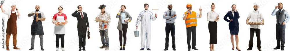 Fototapeta premium Collage. Group of people of various professions isolated on transparent background, horizontal. Male and female models like baker, butcher, businessman, farmer, painter, builder, chef.