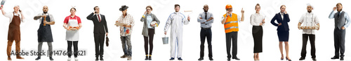 Collage. Group of people of various professions isolated on transparent background, horizontal. Male and female models like baker, butcher, businessman, farmer, painter, builder, chef.