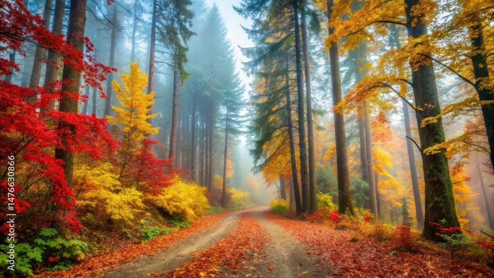 Obraz premium Muted golden hues and crimson leaves on forest trees against a soft blue sky, with winding forest paths leading into misty woods, autumn colours, British Columbia