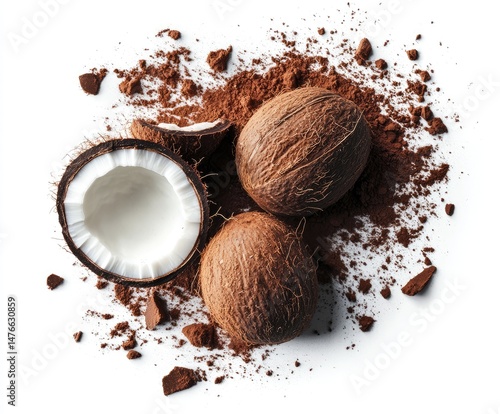 Fresh Coconuts atop Cocoa Powder