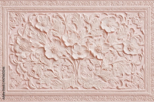 Ornate floral bas-relief panel in pale pink.