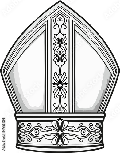 Elegant Black and White Vector Illustration of a Bishop Mitre with Symmetrical Ornamental Design – Clergy Hat Religious Line Art Clipart