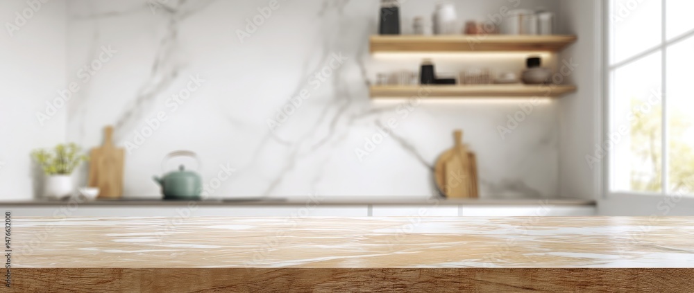 Blurred kitchen interior with an empty countertop for product display, a blurred background of a modern white and wooden kitchen interior on the wall Blurred kitchen interior with an empty countertop for product display, a blurred background of a modern white and wooden kitchen interior on the wall