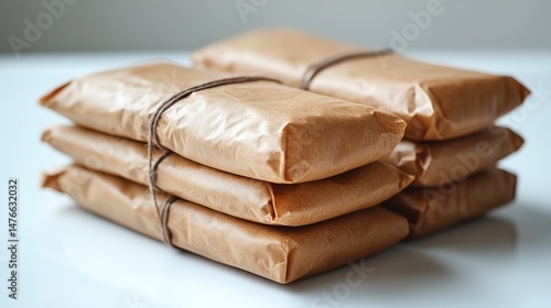 Stack of wrapped brown paper packages on white surface with natural light