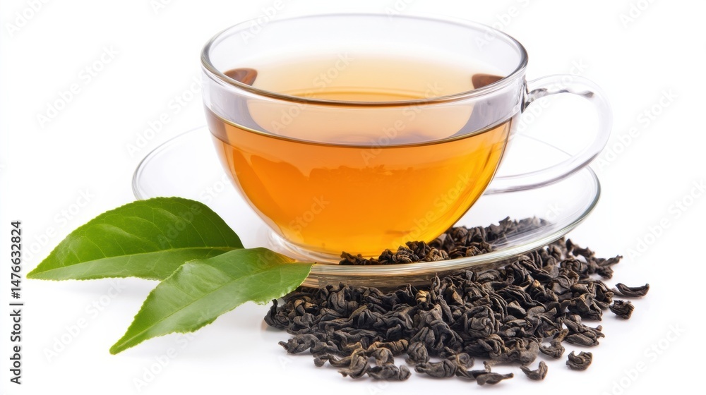 Fototapeta premium A cup of tea with tea leaves and a green sprig.