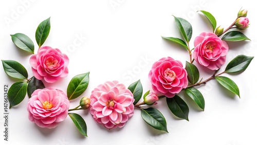 Elegant Pink Camellias and Lush Green Leaves on a Clean White Background