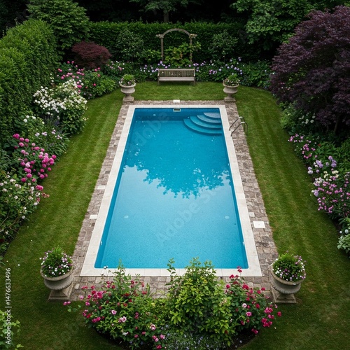 aerial photograph showcasing a meticulously landscaped backyard garden featuring a rectangular swimming pool as the central element