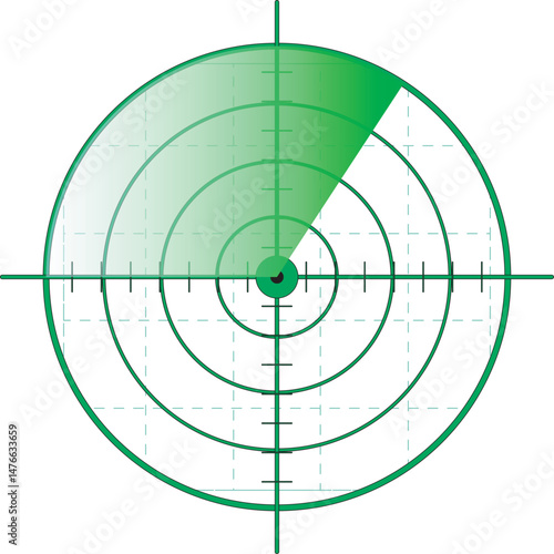 Modern radar scanning interface with green sweep and grid. Clean design ideal for security, tracking, navigation, military, or futuristic HUD visuals.