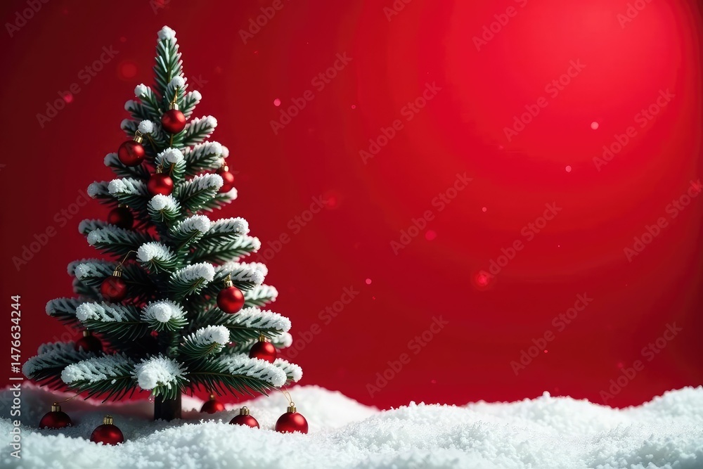 Snowy Christmas tree in a red festive background, winter wonderland, red christmas Snowy Christmas tree in a red festive background, winter wonderland, red christmas