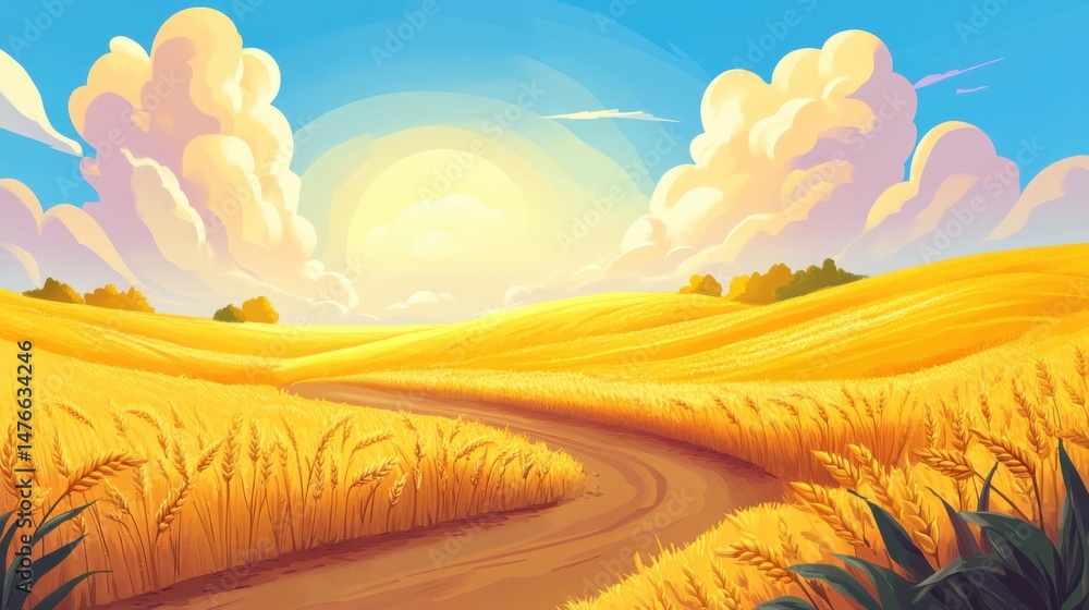 Obraz premium Golden wheat field landscape illustration under bright sun, winding dirt road perspective, rural countryside scene, cartoon style