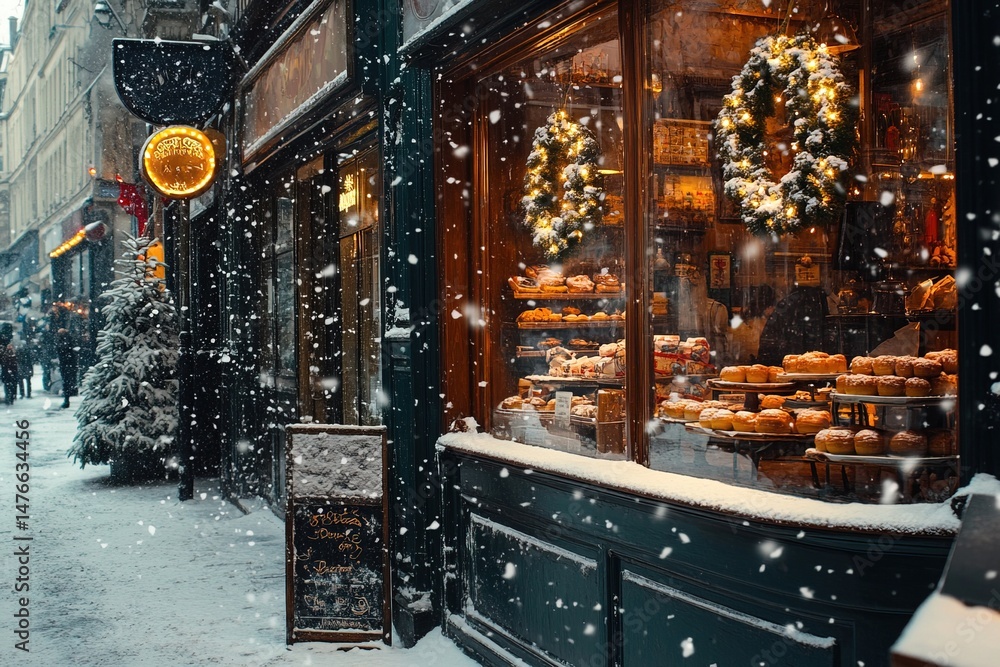 Delightful winter bakery scene in a charming snow-covered street Delightful winter bakery scene in a charming snow-covered street