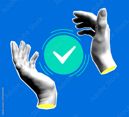 Human hands protect the quality mark. Automation of labor. Quality guarantee. Green check mark. Insurance concept. Modern collage