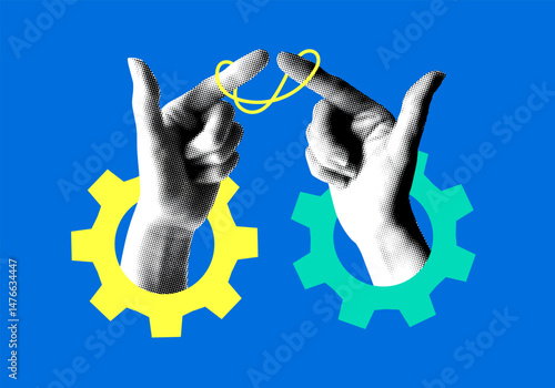 Concept of partnership, cooperation, collaboration, trust. Hands tied with thread. Halftone hands and gears. Make a deal. Successful agreement. Business merger. Teamwork. Modern collage