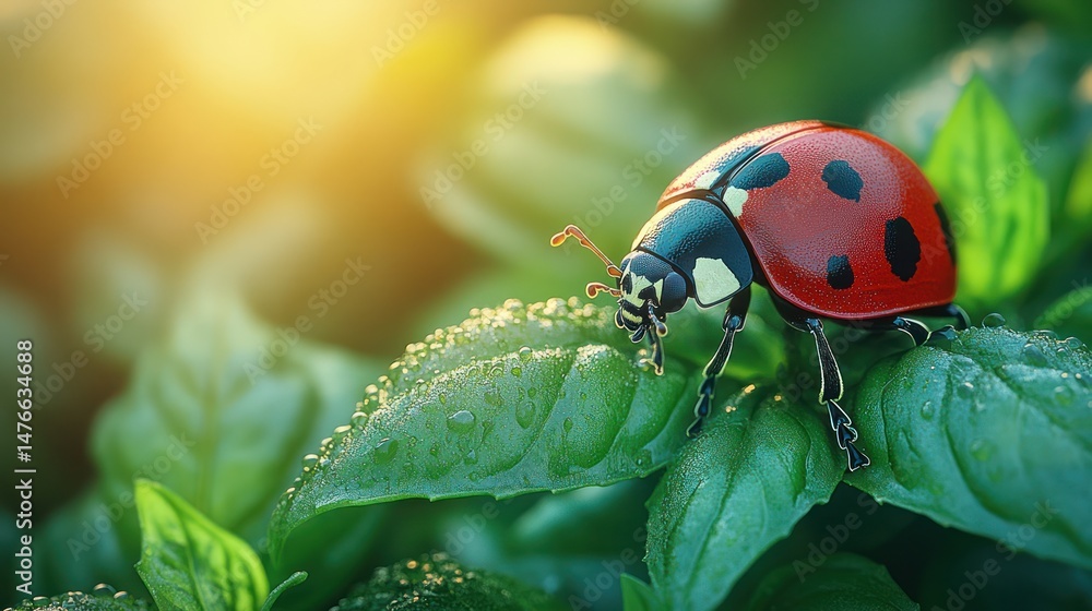 Obraz premium Ladybug on green leaf