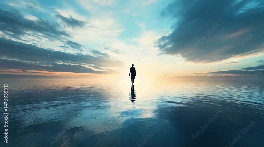 Silhouette walking towards horizon reflected in water Silhouette walking towards horizon reflected in water