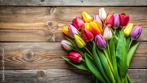 A bouquet of tulips in various colors with green leaves displayed on a wooden table, surrounded by natural elements, creating a serene atmosphere , bouquet, flowers
