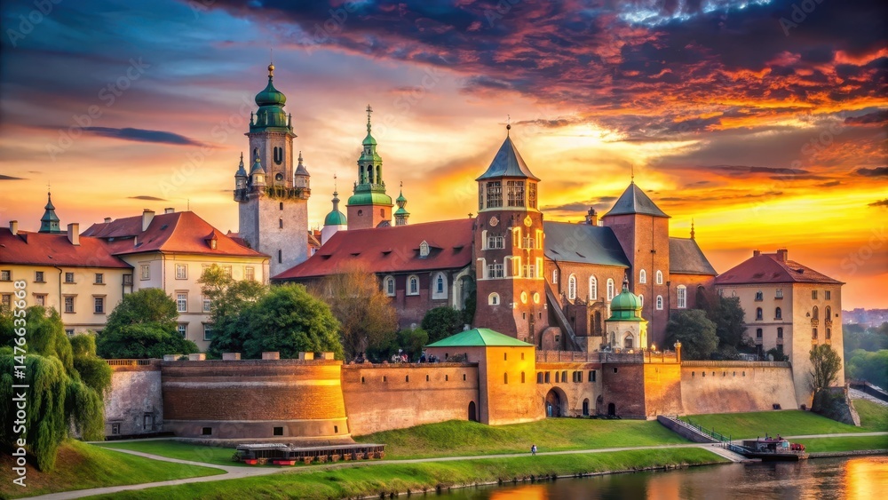 Fototapeta premium Ancient ruins of Krakow's Wawel Castle at sunset, wawel castle, architecture, wawel castle, architecture