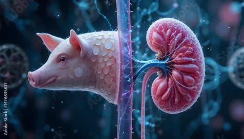 Title: Xenotransplantation Concept: Pig with Attached Human-Like Kidney in Scientific Setting