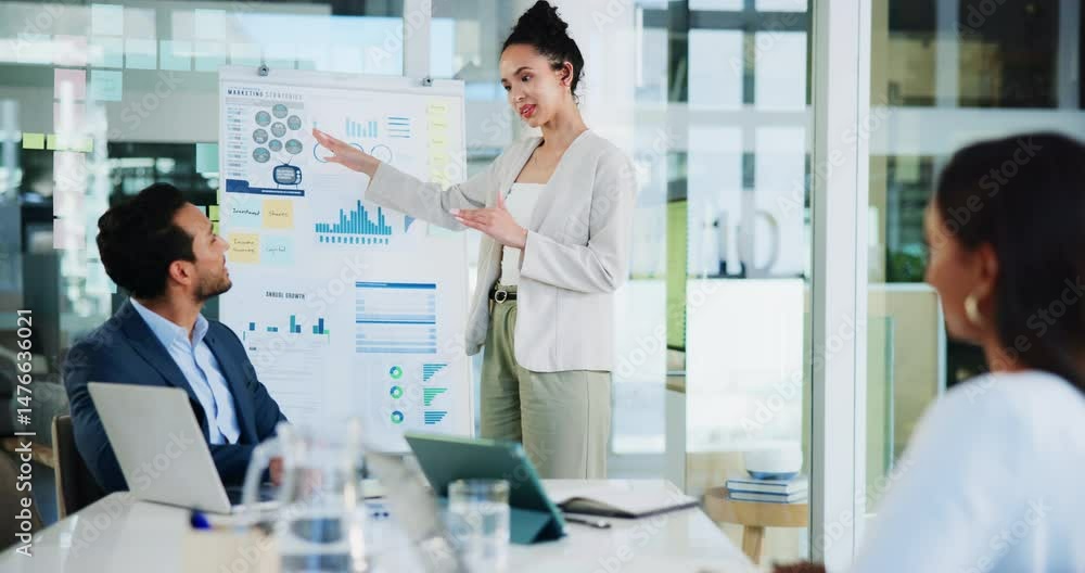 Business woman, presentation and speaker with charts for administration, research or data in office. Graphs, planning and review in workplace for profit feedback, problem solving or whiteboard report Business woman, presentation and speaker with charts for administration, research or data in office. Graphs, planning and review in workplace for profit feedback, problem solving or whiteboard report