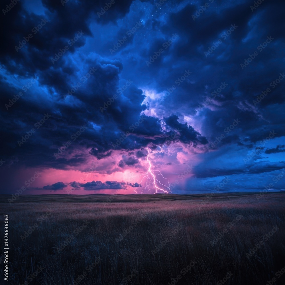 Fototapeta premium Lightning strike over prairie landscape at night dramatic storm clouds nature weather photography
