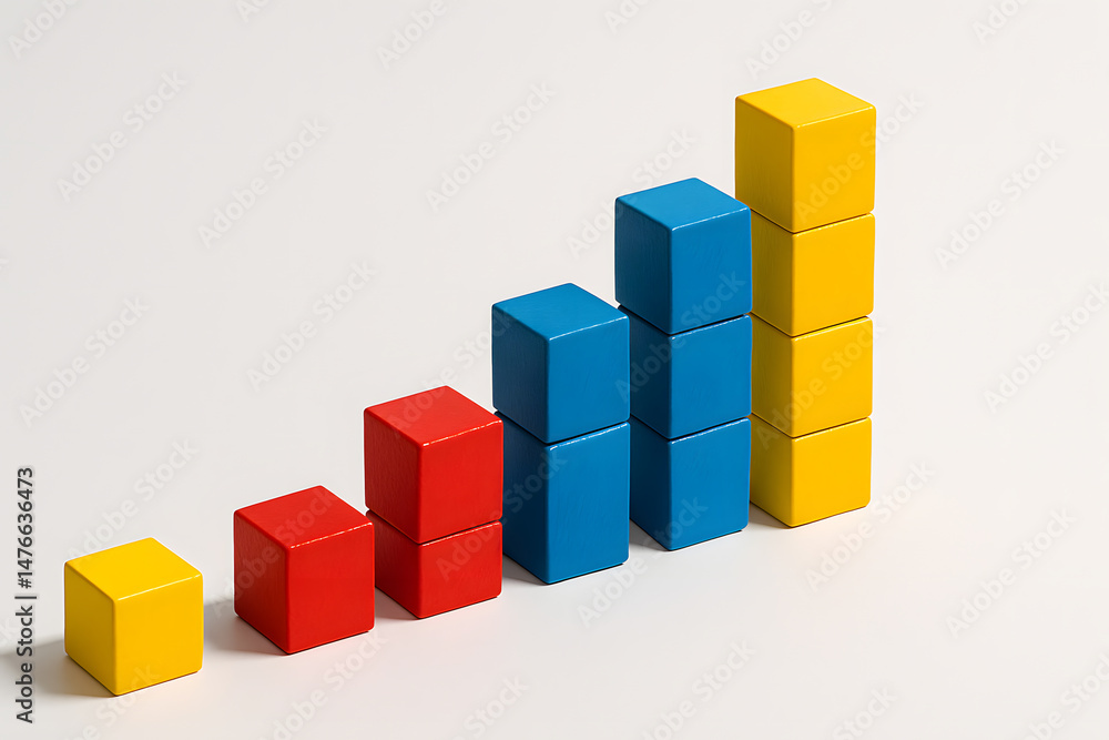 Colorful Wooden Blocks Bar Graph: Illustrating Growth, Progress, Learning. Business Data, Educational Concept, Steps to Success with Primary Colors on Clean White Background. Colorful Wooden Blocks Bar Graph: Illustrating Growth, Progress, Learning. Business Data, Educational Concept, Steps to Success with Primary Colors on Clean White Background.