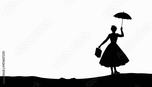 Mary Poppins silhouette flying with umbrella against white background, magic