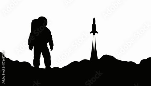 Astronaut silhouette gazing at rocket on lunar landscape, exploration
