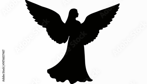Silhouette of angel praying with majestic wings, spiritual symbolism