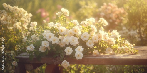 Beautiful White Roses Blooming in Summer Sunlight Garden soft leaf bush plant petal fresh green